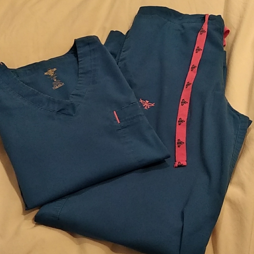 Blue and pink scrub set